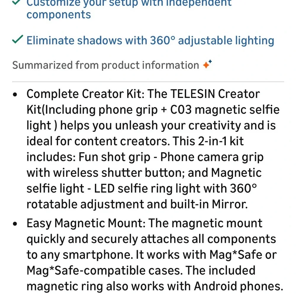 TELESIN Silver Camera Grip for Smartphones - Creator Kit w/ Ring Light